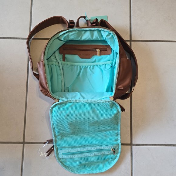 MOMINSIDE Small Brown Leather Diaper Bag Backpack with Blue Interio - Brand New! - Picture 3 of 11